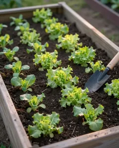 Hochbeet aus Holz mit jungen Salat- und Kohlrabipflanzen und einer Pflanzschaufel