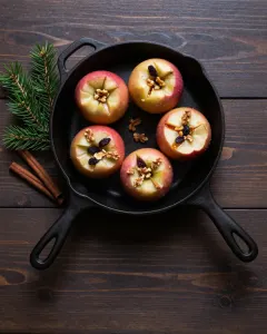 Bratäpfel mit Nuss-Rosinen-Füllung in einer gusseisernen Pfanne neben Zimtstangen und Tannengrün