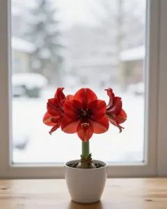 Blühende rote Amaryllis im weißen Topf vor einem hellen Winterfenster
