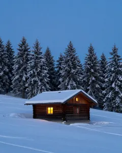 Verschneite Berghütte mit einem warm erleuchteten Fenster zur blauen Stunde