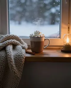 Dampfender Kakao mit Sahne auf der Fensterbank neben einer Strickdecke, draußen fällt Schnee