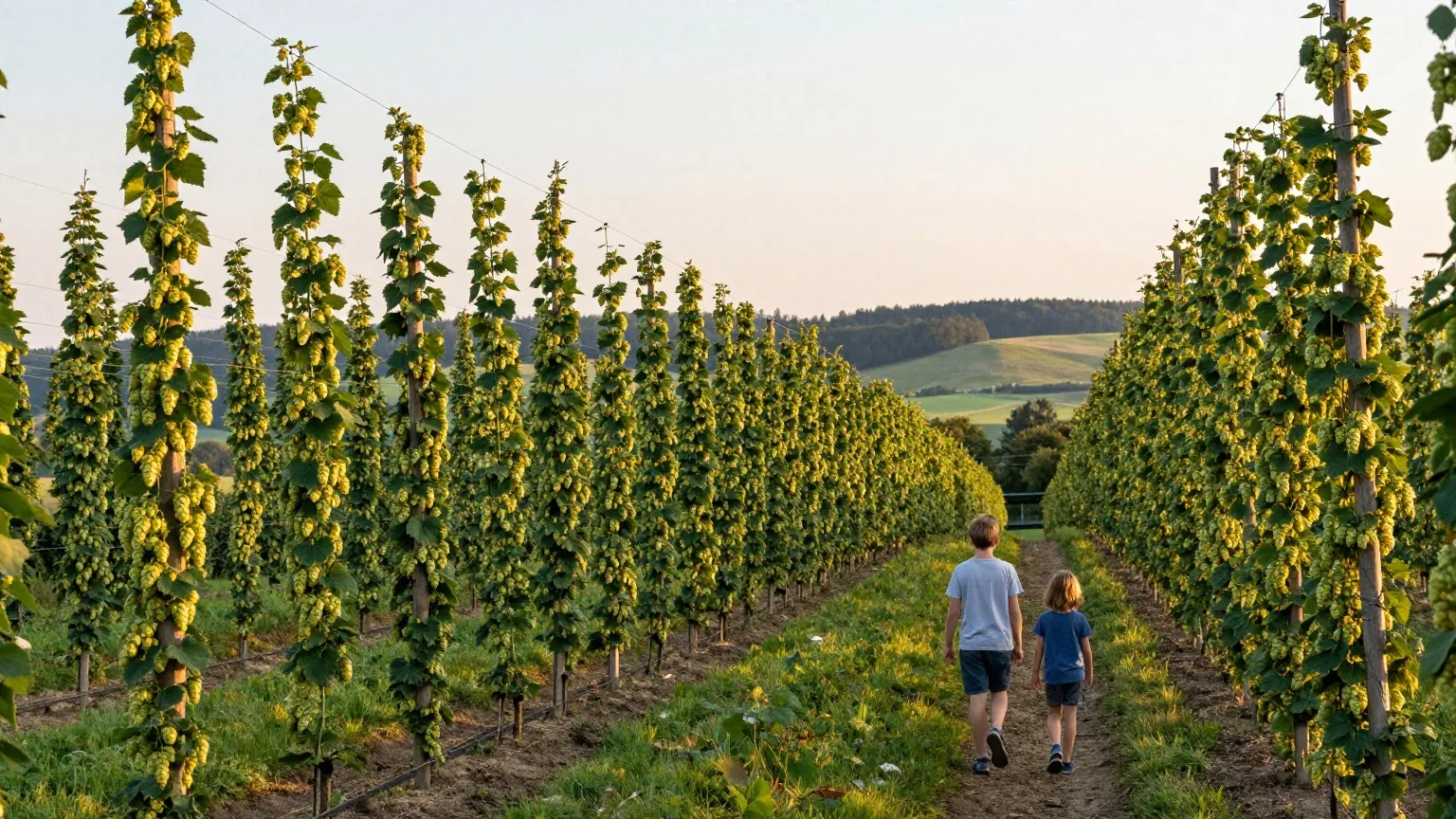 Hopfengärten mit hohen grünen Ranken in der Hallertau im August, Elternteil und Kind gehen von hinten auf einem Feldweg zwischen den Reihen