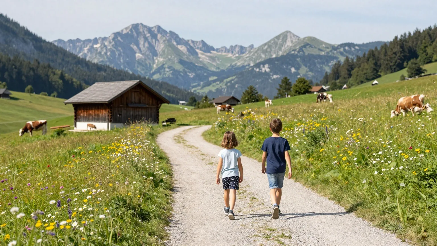 Kinder von hinten auf einem Schotterweg über eine oberbayerische Almwiese im August