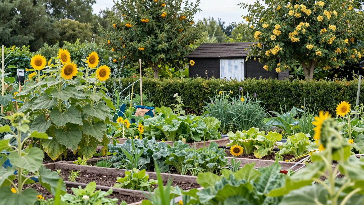 Kleingärten mit Sonnenblumen und Gartenhäuschen an einem Morgen Anfang Juli