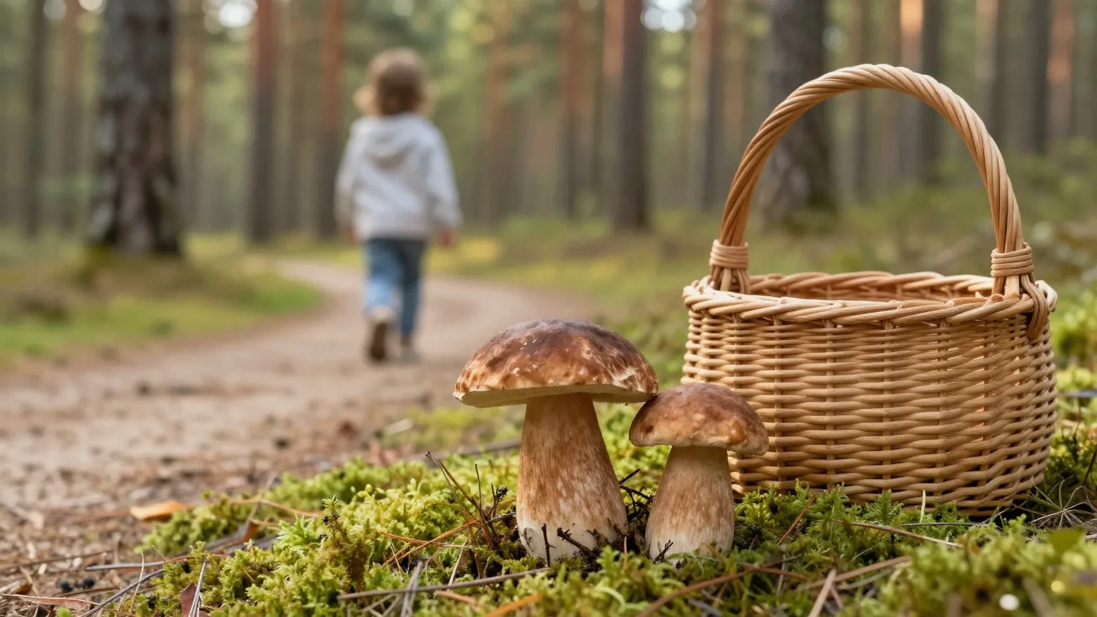 Steinpilze im Moos unter Kiefern im Oktober, daneben ein Weidenkorb, im Hintergrund ein Kind von hinten auf einem Sandweg