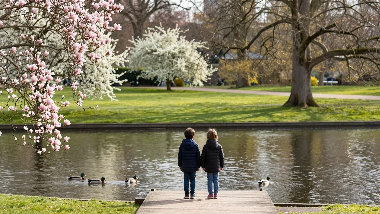 Zwei Kinder stehen von hinten gesehen auf einem Holzsteg an einem Parkteich mit blühenden Bäumen
