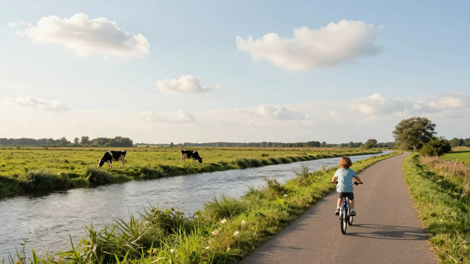 Kind fährt auf einem Deichweg mit dem Fahrrad an einem Fluss durch flache grüne Wiesen