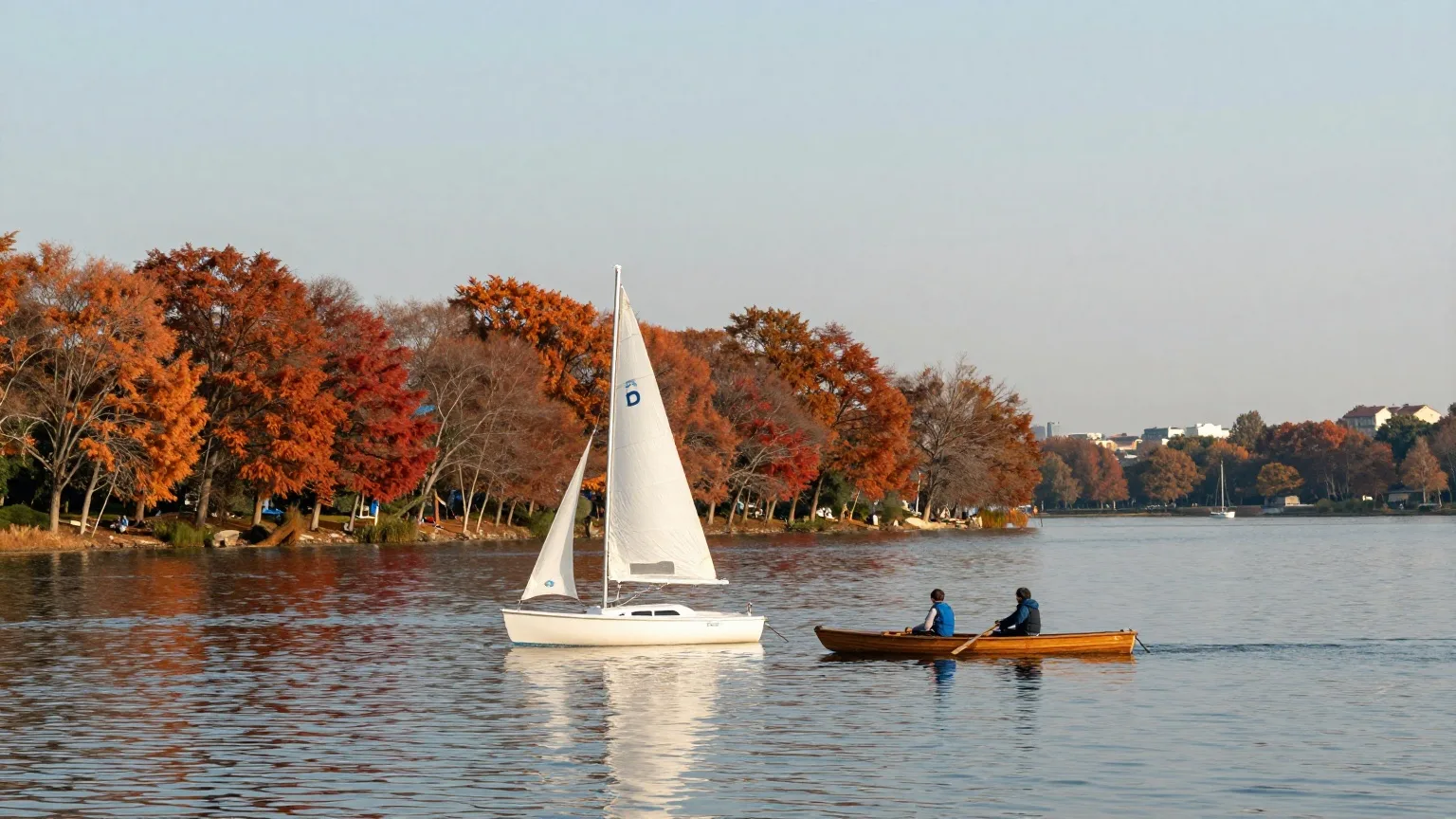 Kleine Segelboote auf einem See in der Stadt, am Ufer Bäume in Herbstfarben