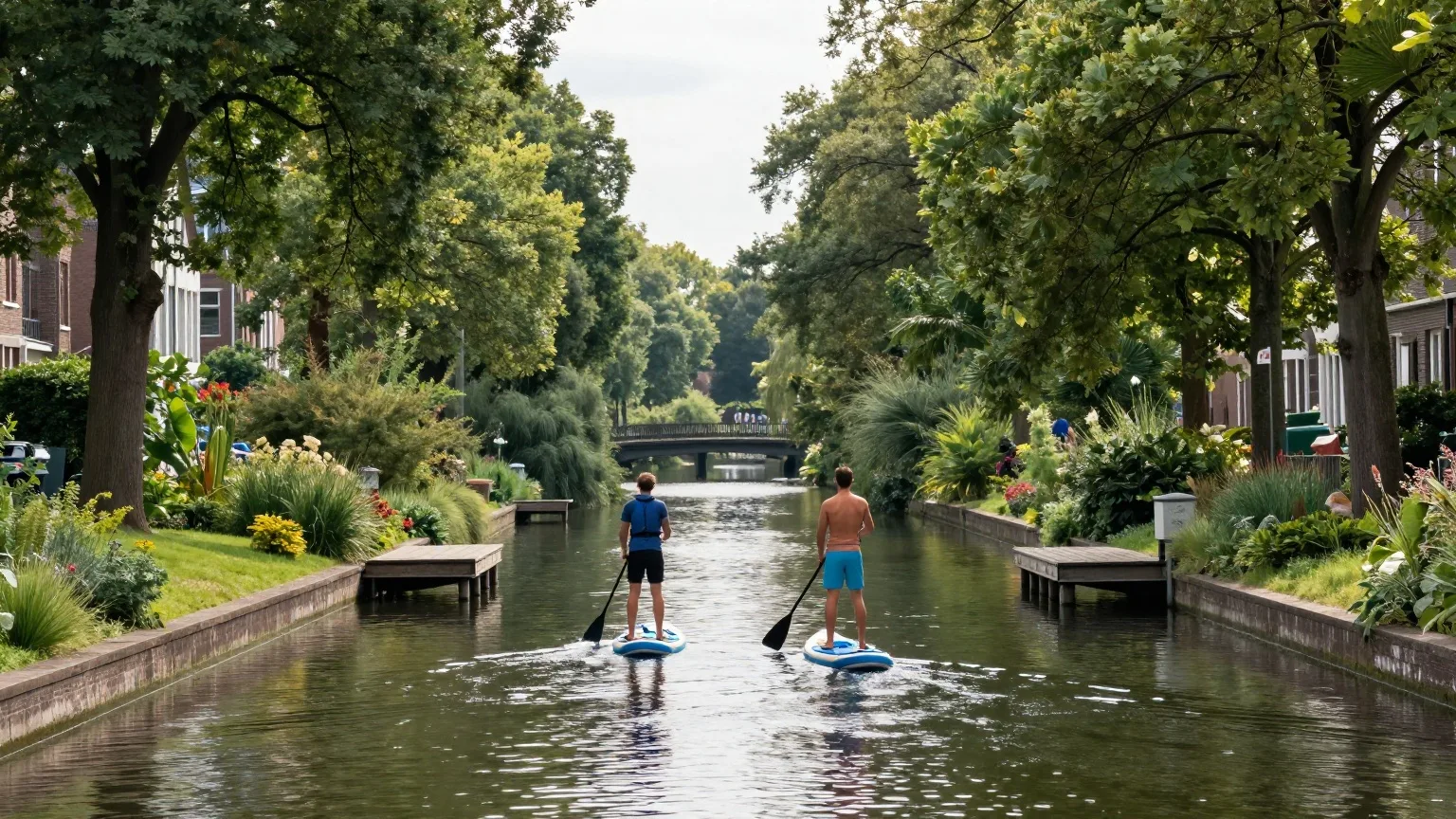 Bunte Hausboote an einem ruhigen Kanal im Abendlicht eines Julitags, am Ufer Weiden und kleine Gärten