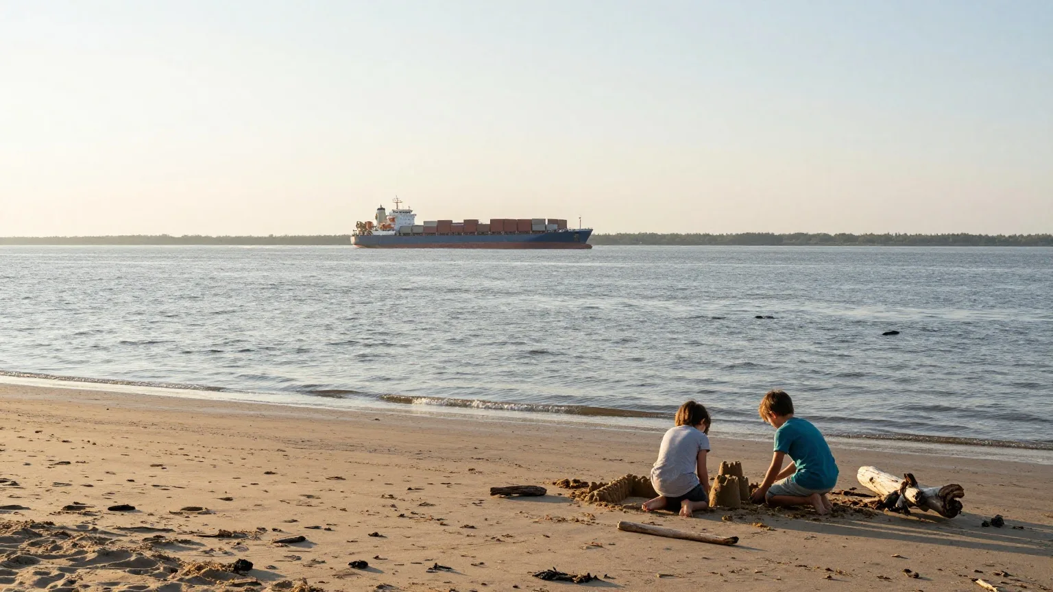Zwei Kinder bauen von hinten gesehen eine Sandburg am Flussstrand, in der Ferne fährt ein Containerschiff