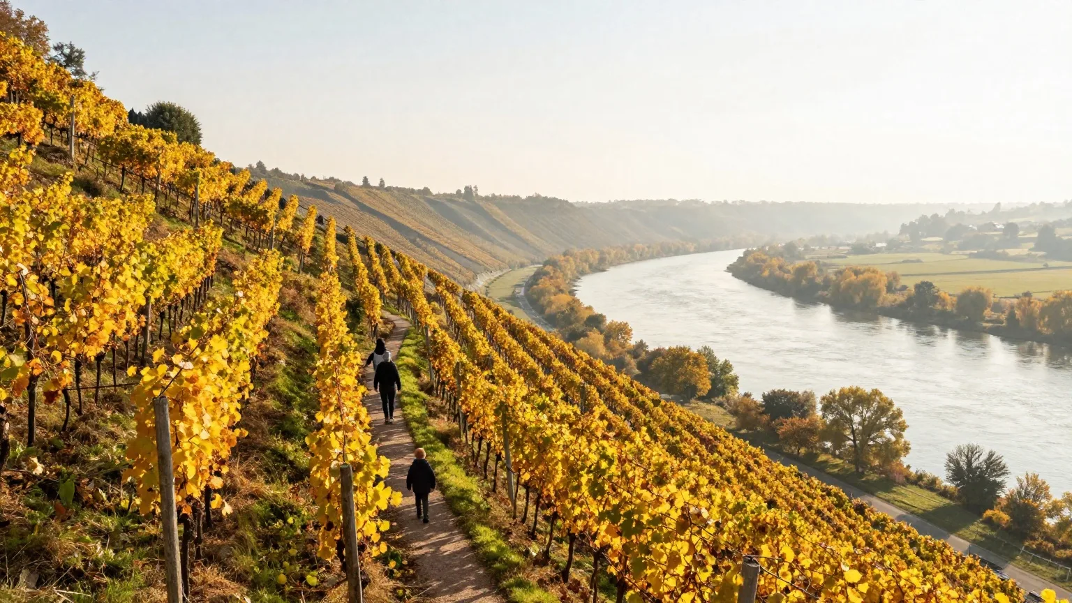 Weinberge über einem breiten Fluss im goldenen Oktoberlicht, eine Familie wandert von hinten gesehen