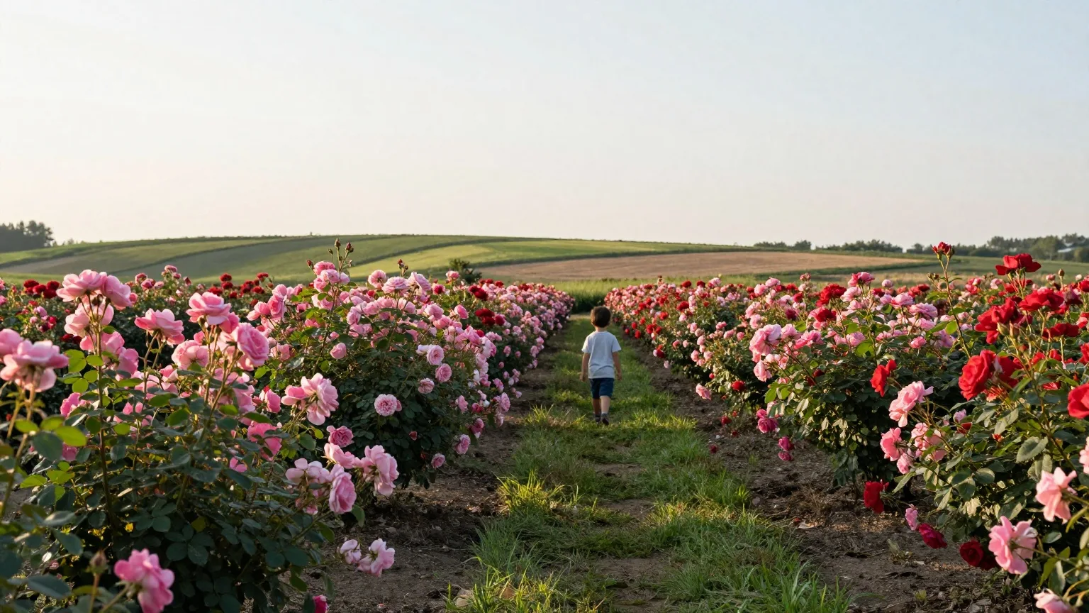 Reihen blühender Rosensträucher auf einem Feld Anfang Juli, ein Kind geht von hinten gesehen auf einem Graspfad