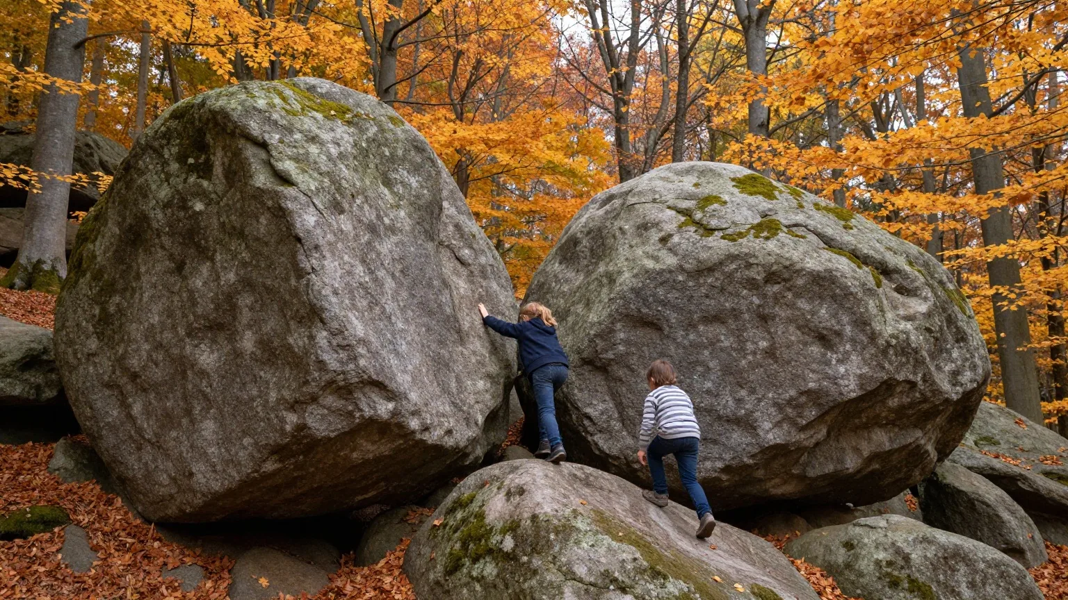Zwei Kinder klettern von hinten gesehen über große Granitblöcke eines Blockmeers im herbstlichen Buchenwald des Odenwalds