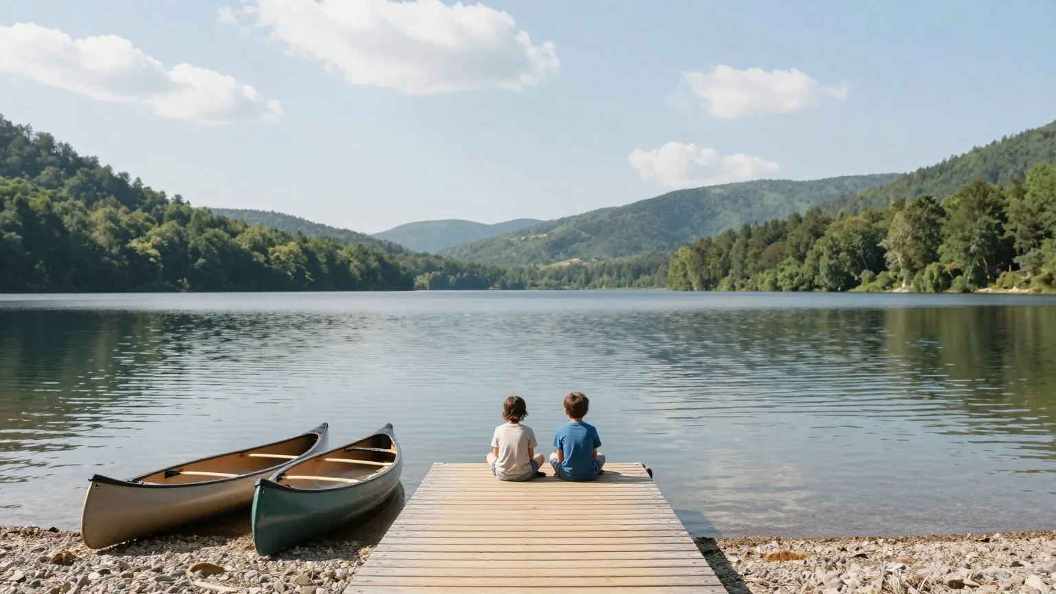 Kinder sitzen von hinten gesehen auf einem Holzsteg an einem Stausee zwischen bewaldeten Hügeln