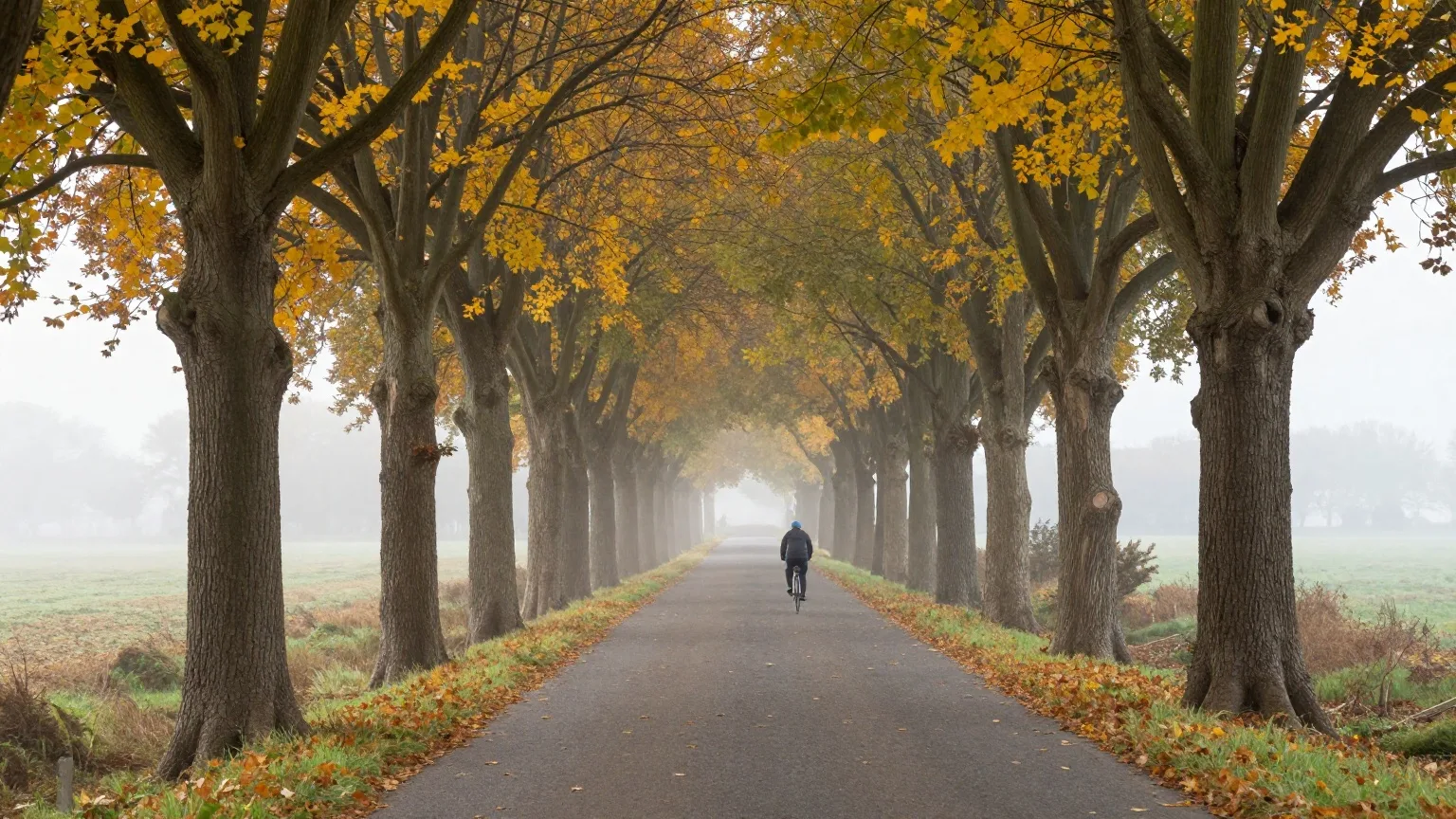 Allee mit alten Linden in Herbstfarben über einer schmalen Landstraße im Morgennebel