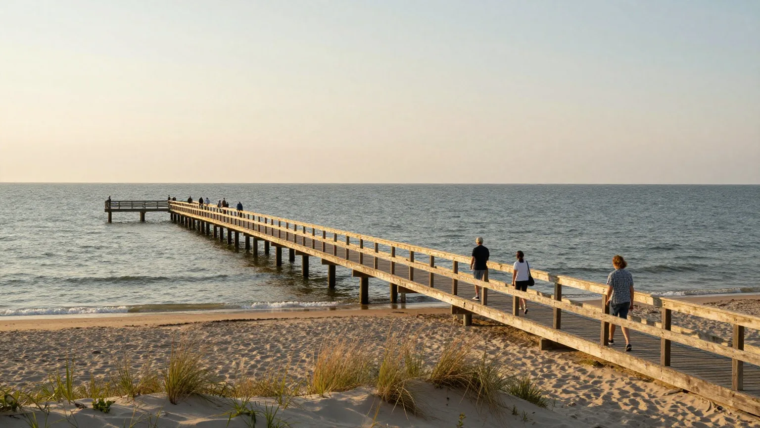 Lange hölzerne Seebrücke an der Ostsee an einem Juniabend, eine Familie geht von hinten am Geländer entlang