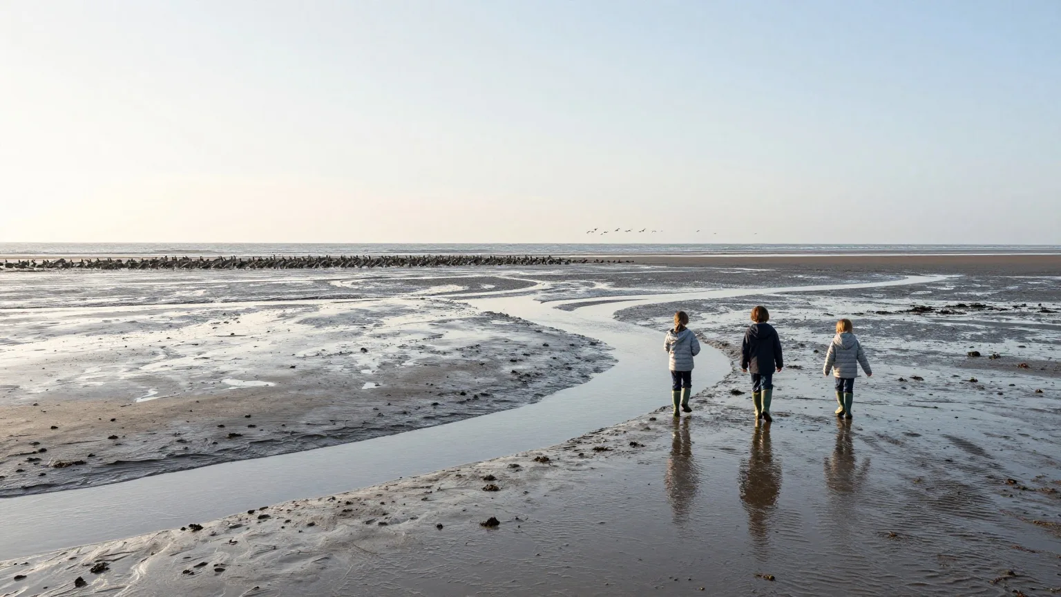 Kinder in Gummistiefeln gehen bei Ebbe von hinten gesehen über das Watt an der Nordsee