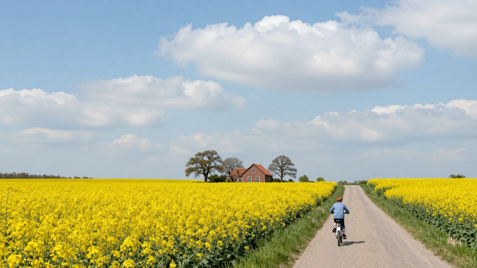 Blühende Rapsfelder an einem schmalen Feldweg, ein Kind fährt von hinten gesehen Fahrrad