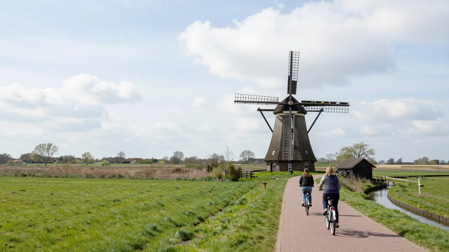 Alte Windmühle hinter frisch grünen Weiden in Ostfriesland Ende März, eine Familie fährt von hinten auf einem Klinkerweg Rad