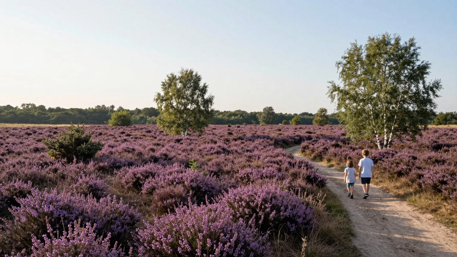 Blühende Heide mit Wacholderbüschen und einem Sandweg, eine Familie wandert von hinten gesehen