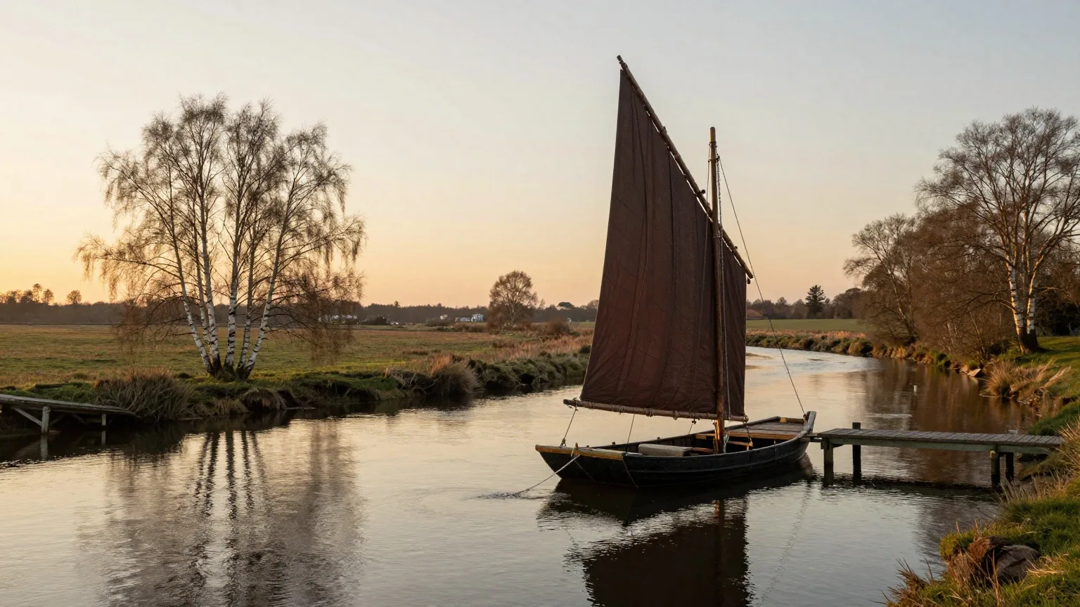 KI-generierte Landschaft, wie sie für Niedersachsen typisch ist: Torfkahn mit braunem Segel an einem Moorfluss im Abendlicht