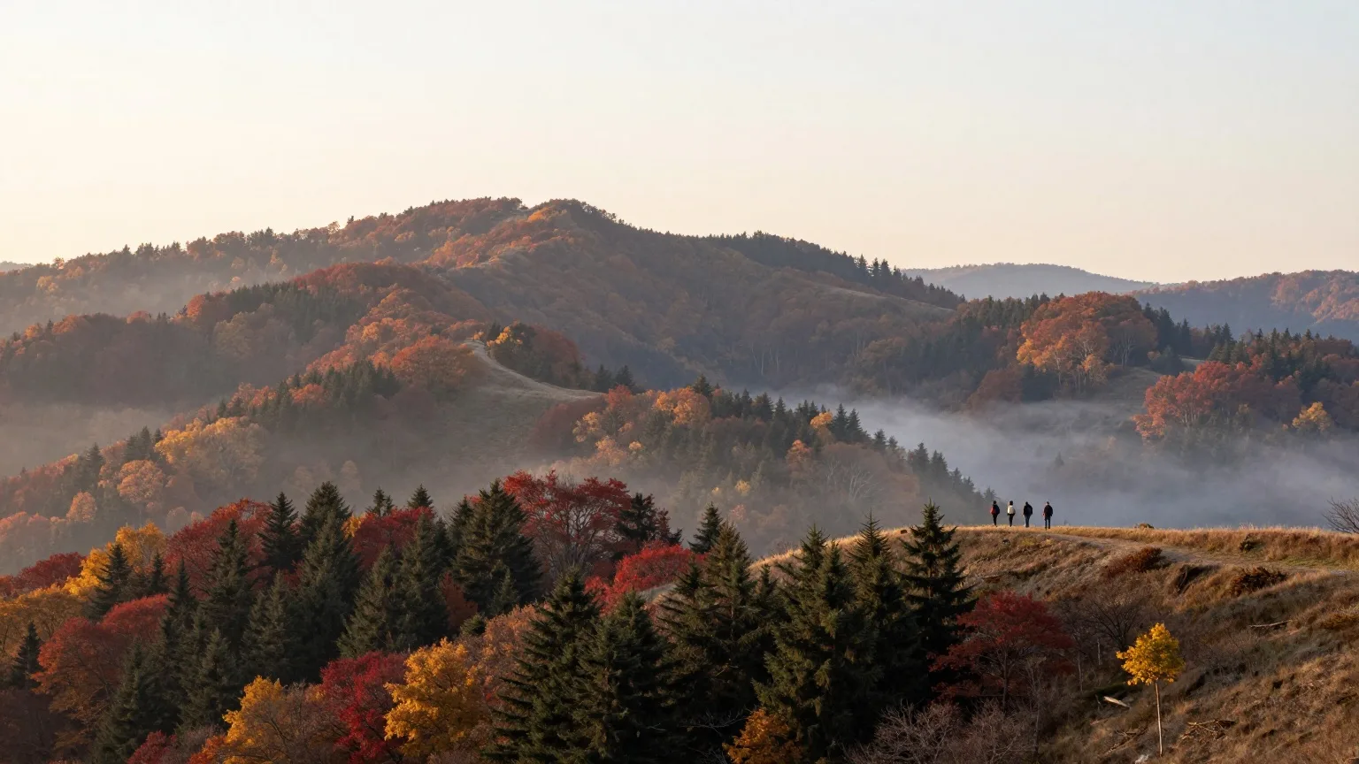 Bewaldete Hügel im Herbst mit Nebel in den Tälern, eine Familie wandert von hinten gesehen auf einem Kammweg
