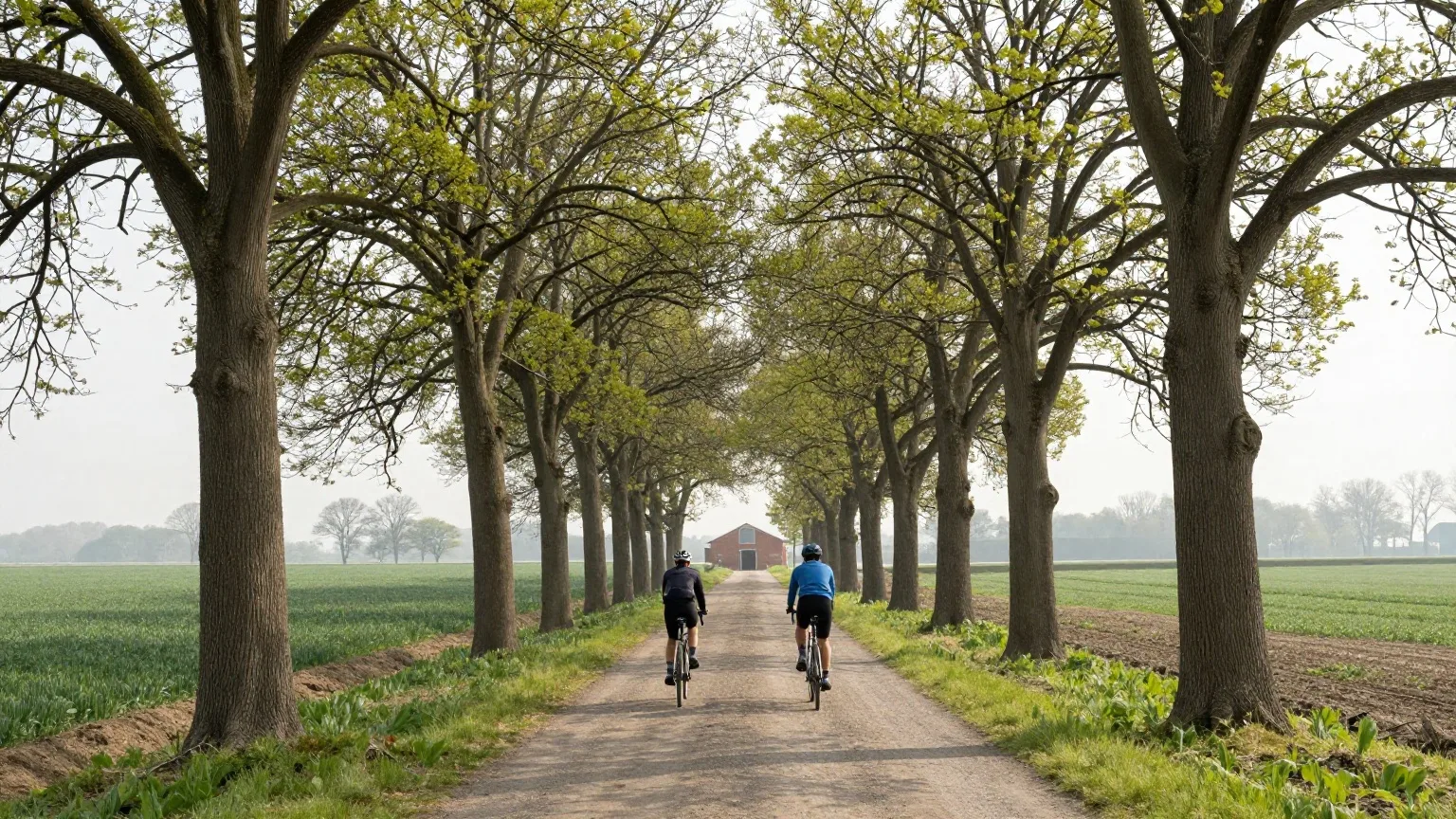 Feldweg mit alten Eichen durch flache Felder im Frühling, Radfahrer von hinten, in der Ferne ein Hof mit Wassergraben