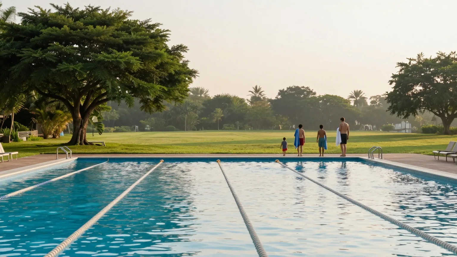 Freibad am frühen Julimorgen mit glatter Wasserfläche und Liegewiese, eine Familie geht von hinten mit Handtüchern zum Becken