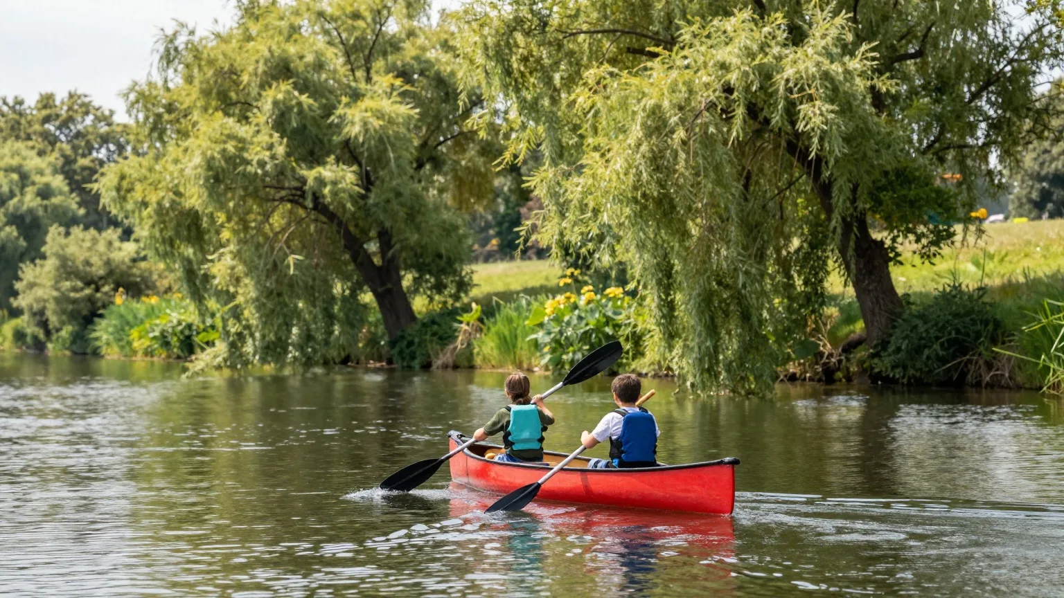 Zwei Kinder paddeln von hinten gesehen in einem roten Kanu auf einem ruhigen, baumgesäumten Fluss