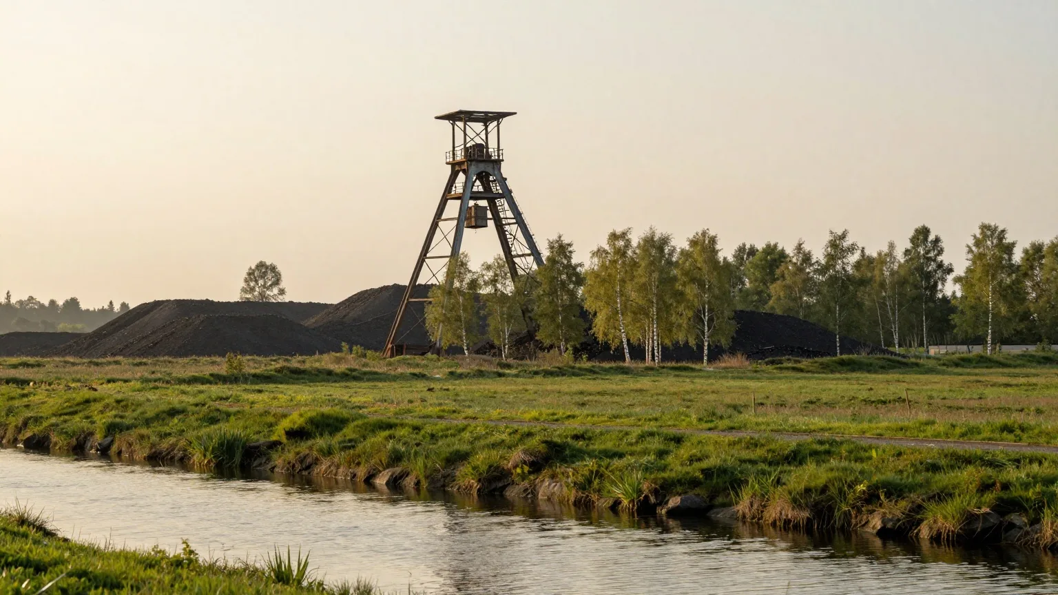 KI-generierte Landschaft, wie sie für Nordrhein-Westfalen typisch ist: ehemaliger Förderturm hinter Wiesen und begrünter Halde im Abendlicht