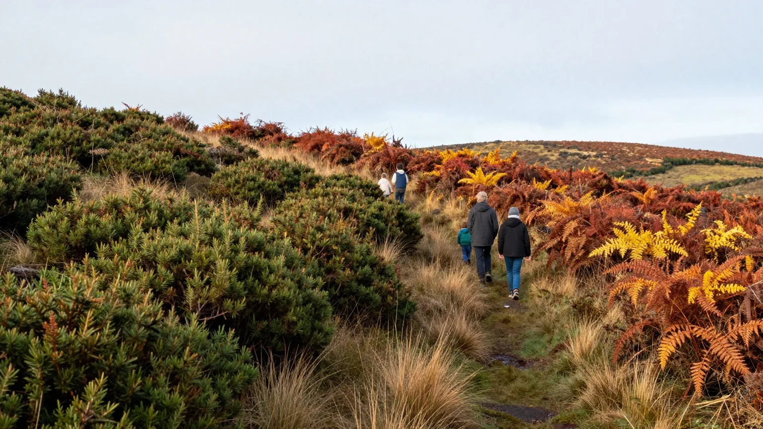 Familie von hinten auf einem Wanderweg durch eine herbstliche Wacholderheide im Mittelgebirge