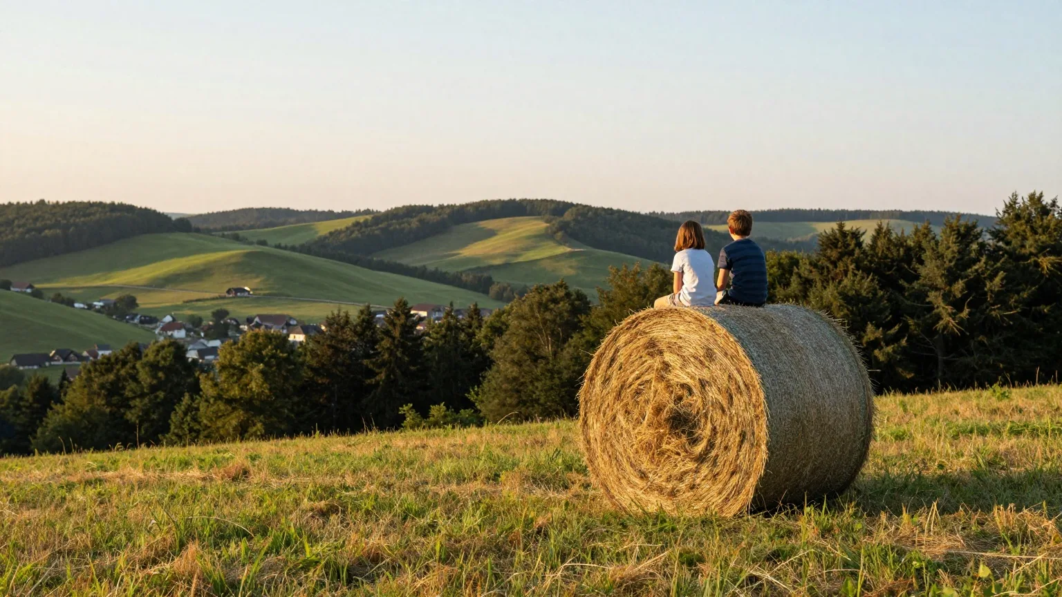 Zwei Kinder gehen von hinten gesehen barfuß über einen Pfad aus Rindenmulch, Kies und Holzstämmen an einem Flussufer im Juli