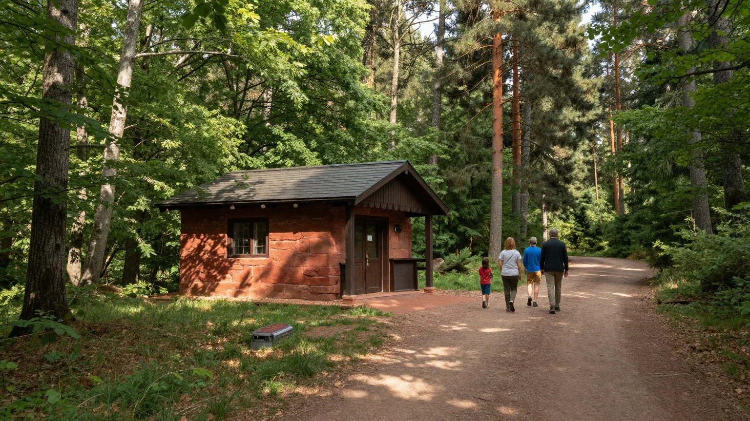 Wanderhütte aus rotem Sandstein und Holz an einem Waldweg im Pfälzerwald, eine Familie geht von hinten darauf zu