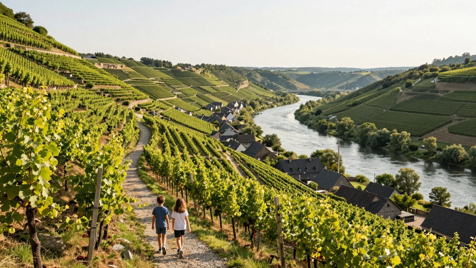 Familie wandert im Sommer auf einem Weg durch Weinbergterrassen über einem Flusstal