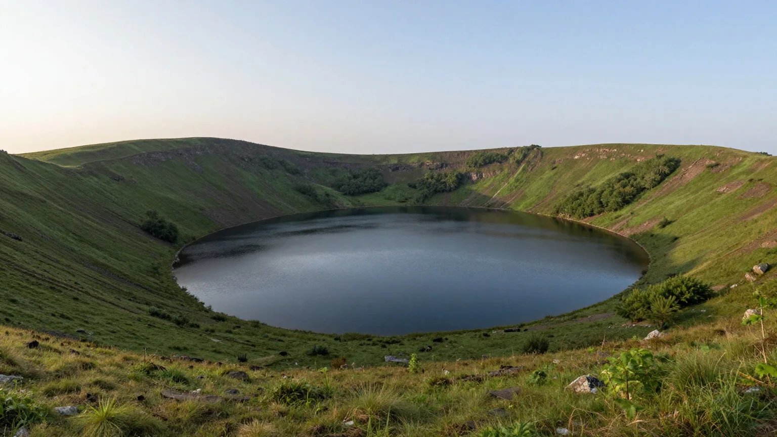 KI-generierte Landschaft, wie sie für Rheinland-Pfalz typisch ist: runder Maarsee zwischen Wiesen und Buchenwald in der Vulkaneifel