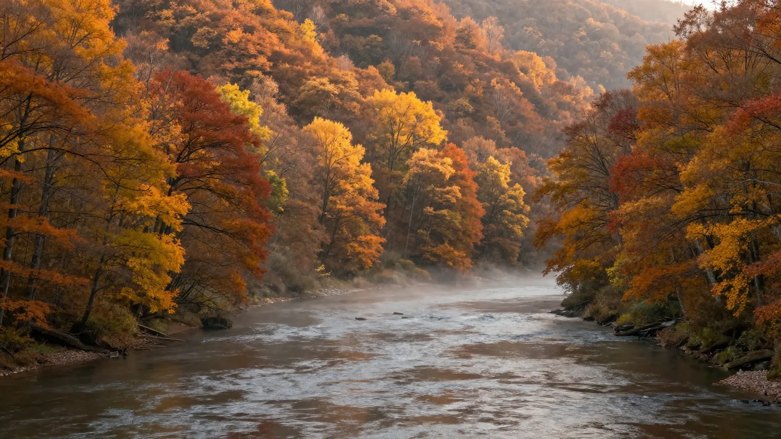 Morgennebel über einem Flusstal mit herbstlich gefärbten Buchenwäldern