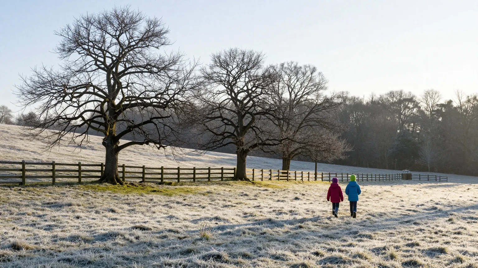 Zwei Kinder von hinten auf einer frostigen Wiese mit kahlen Apfelbäumen im Februar