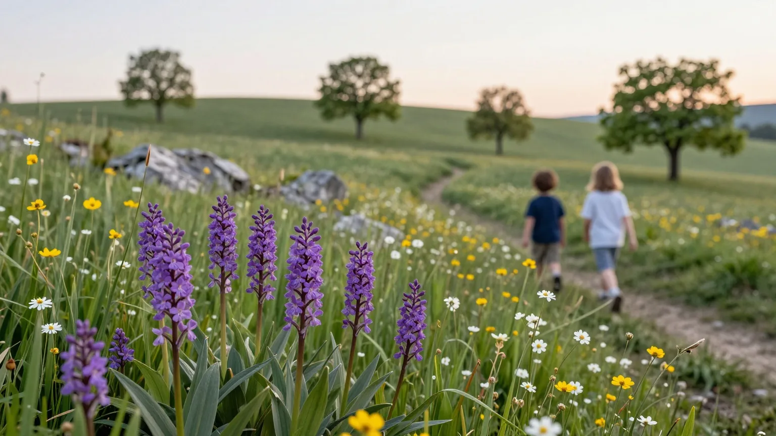 Wilde Orchideen im Vordergrund einer blühenden Kalkmagerwiese im Bliesgau Ende Mai, zwei Kinder gehen von hinten über einen Wiesenweg