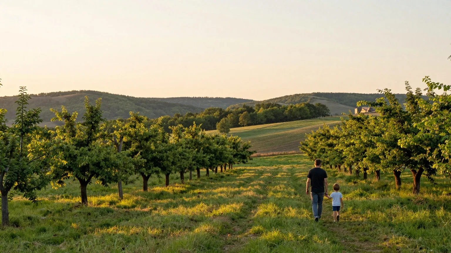 Elternteil und Kind von hinten auf einem Feldweg zwischen Streuobstwiesen im Sommerabendlicht