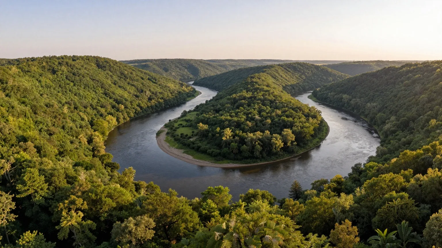 KI-generierte Landschaft, wie sie für das Saarland typisch ist: Flussschleife zwischen bewaldeten Hügeln im Abendlicht