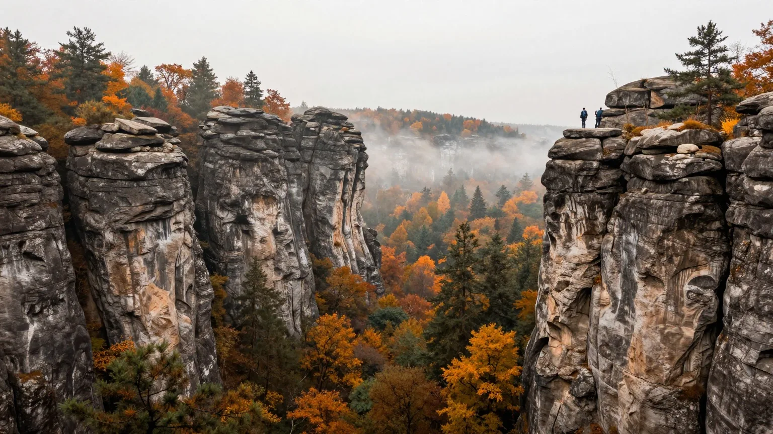 Sandsteinfelsen über einem nebligen Waldtal im Herbst, Wanderer in der Ferne