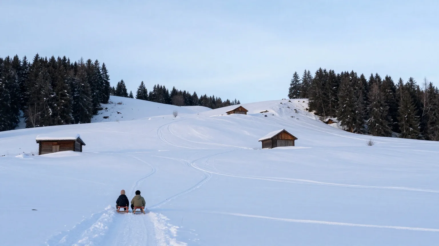 Zwei Kinder auf einem Schlitten von hinten in einer verschneiten Mittelgebirgslandschaft