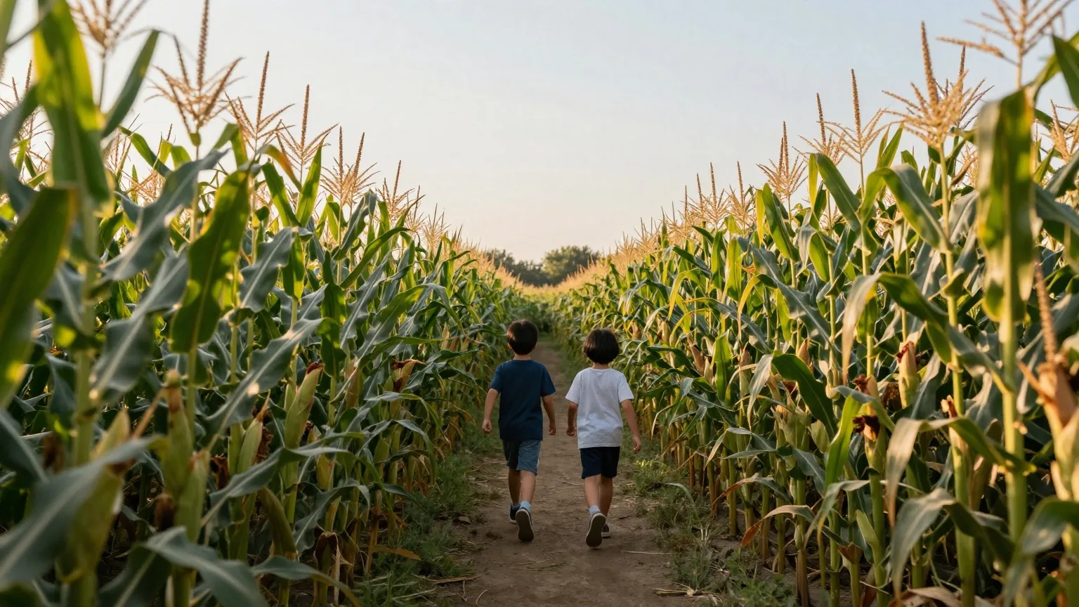 Zwei Kinder laufen von hinten gesehen durch einen schmalen Gang in einem hohen Maisfeld im späten August