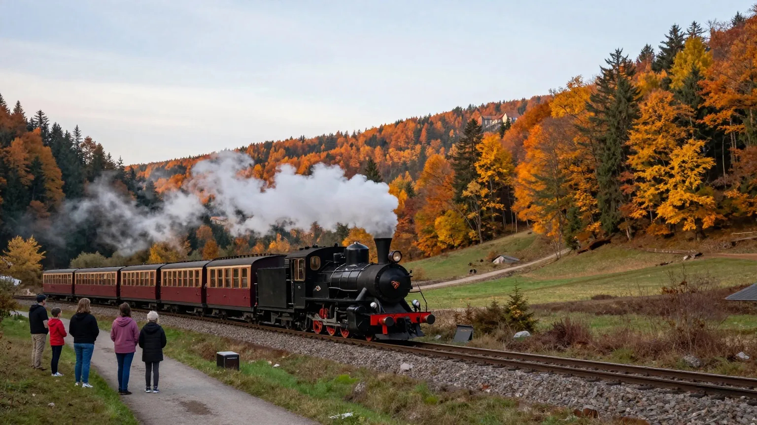 Dampfzug einer Schmalspurbahn fährt durch ein herbstlich gefärbtes Tal im Erzgebirge, eine Familie schaut von hinten vom Wegrand zu