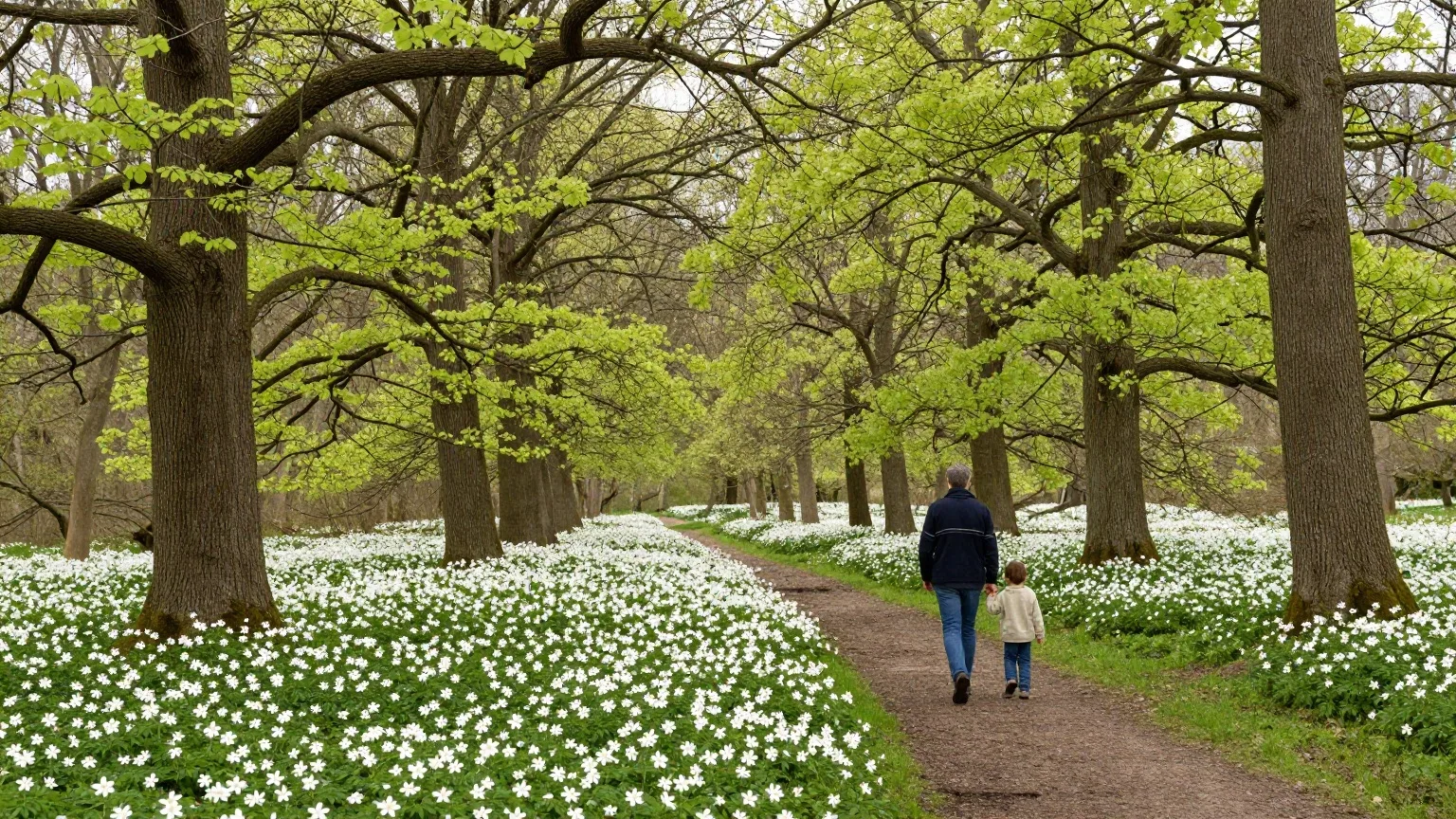 Elternteil und Kind von hinten in einem Auwald mit blühenden Buschwindröschen im Frühling