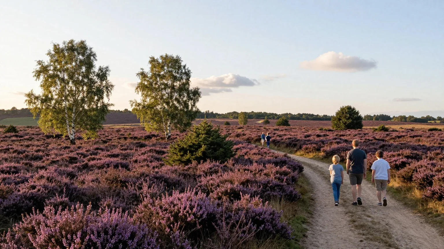 Familie von hinten auf einem Sandweg durch eine blühende Heidelandschaft mit Birken