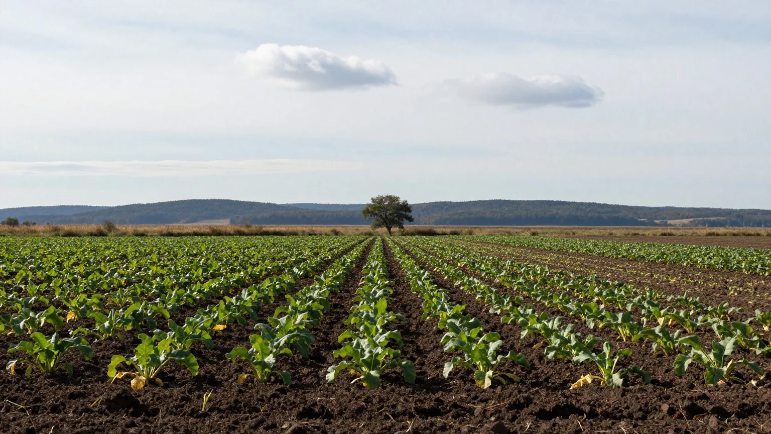 KI-generierte Landschaft, wie sie für Sachsen-Anhalt typisch ist: weite Bördefelder mit Zuckerrüben, am Horizont die Harzberge