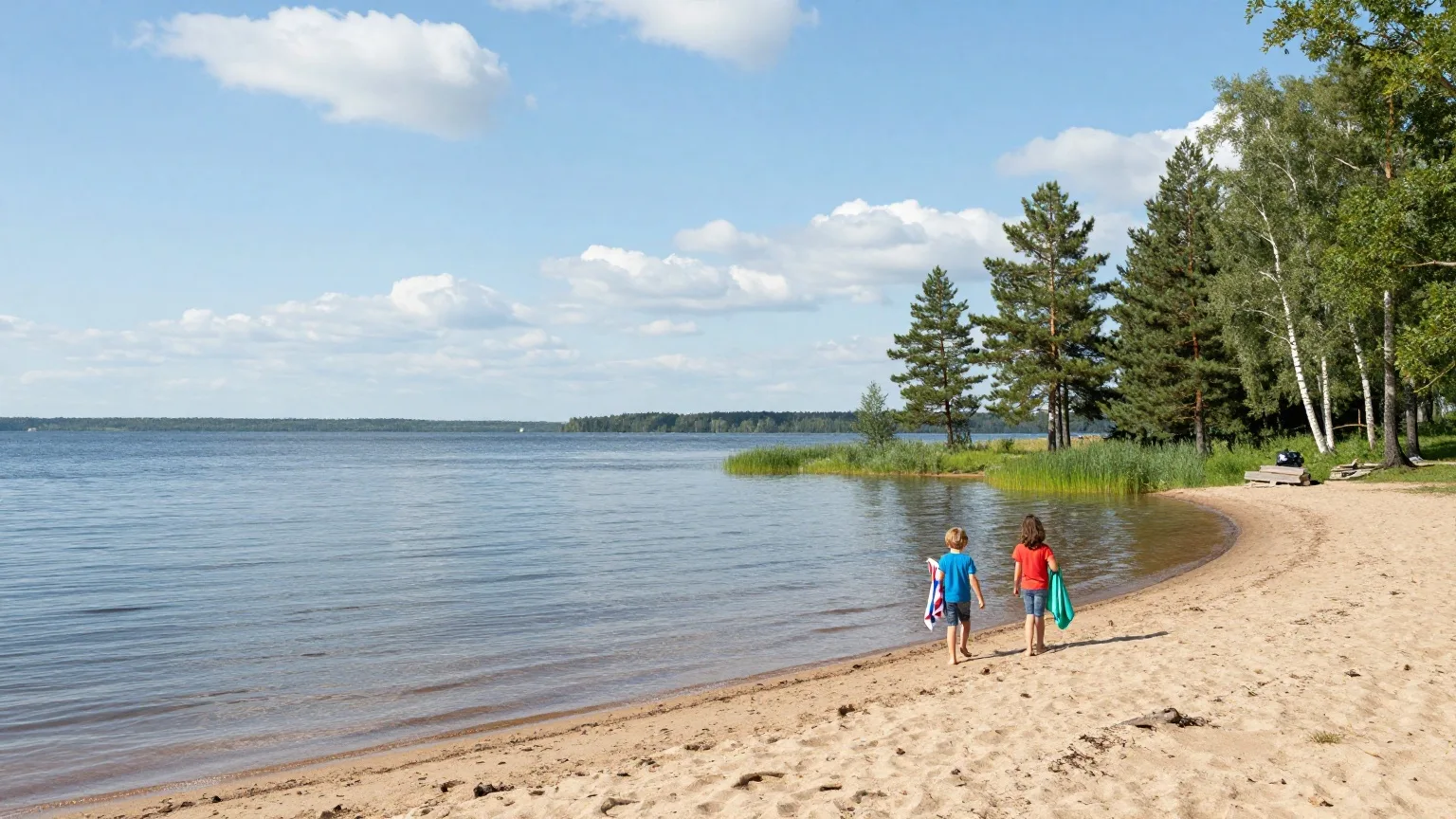Familie von hinten am Sandstrand eines Badesees zwischen jungen Kiefern im Sommer