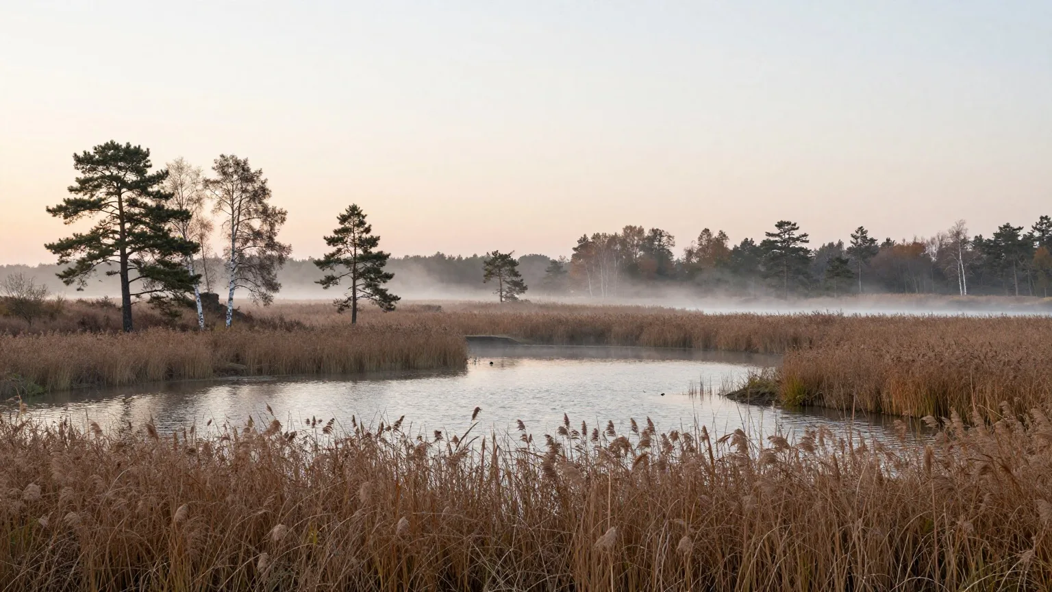 KI-generierte Landschaft, wie sie für Sachsen typisch ist: Teichlandschaft der Oberlausitz mit Schilf und Kiefern im Morgennebel