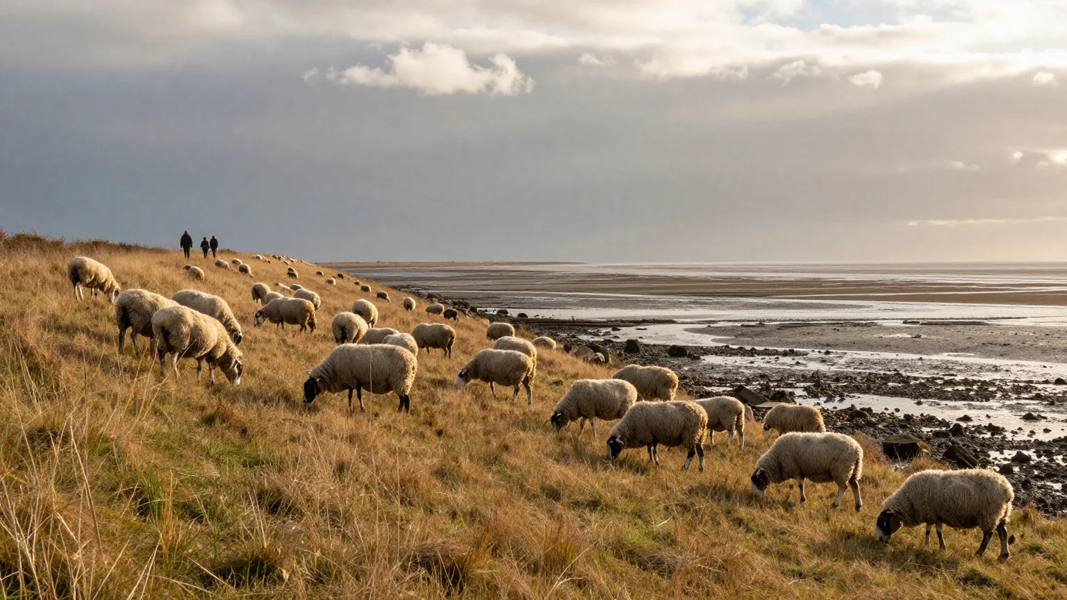 Familie in der Ferne auf einem Deich mit Schafen an der Nordseeküste im Herbst